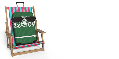 Suitcase with flag of Saudi Arabia with sunglasses on a beach chair. Vacation concept, 3d rendering