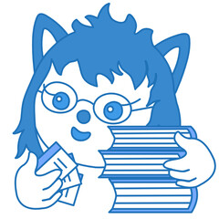 emoji with smiling librarian wolf that is wearing glasses while working with books and member cards, simple colored emoticon, vector illustration