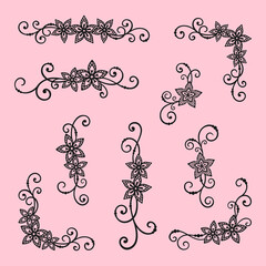 Set of frames, corners, borders with flowers, swirls and beads. Vector silhouette, design template for holiday greeting card, wedding invitation, banner, monogram, wedding frame, laser and plotter cut