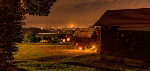 福岡県みやま市お牧山キャンプ　焚火と夜景