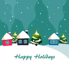 Winter landscape background. With falling snow, little houses, snowdrifts. Happy holidays wintertime backdrop with copy space