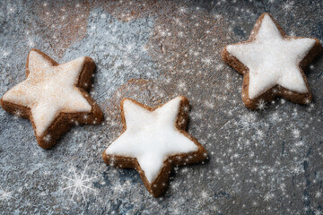 Christmas star cookies glazed in white frosting