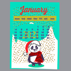 Panda in a Santa hat with gift,callendar january