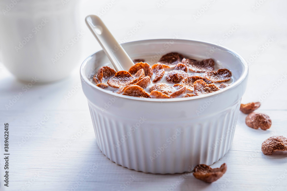 Wall mural .breakfast cereal with fresh milk on the white table