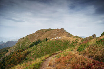 Beautiful autumn mountain view and landscapes from the path from Ribaritsa to Eho hut chalet and peaks Yumruka and Kavladan, Central Balkan, Teteven, Bulgaria
