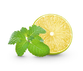 Fresh lime sliced with mint leaf isolated on white background