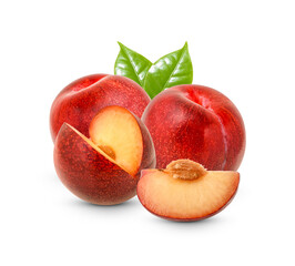 Fresh red plum fruits with leaves and slice isolated on white background