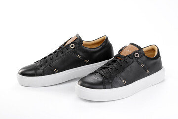Men's comfortable black leather shoes on white background