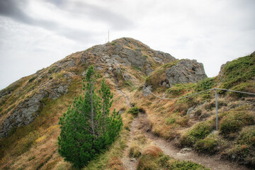 Beautiful autumn mountain view and landscapes from the path from Ribaritsa to Eho hut chalet and peaks Yumruka and Kavladan, Central Balkan, Teteven, Bulgaria