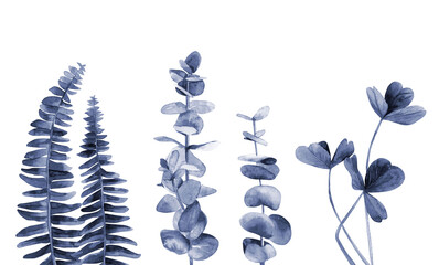 Blue plant leaves set. Abstract greenery collection. Watercolour illustration isolated on white background.