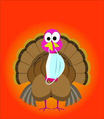 Funny thanksgiving turkey with a surgical face mask hanging from his beak during the coronavirus pandemic