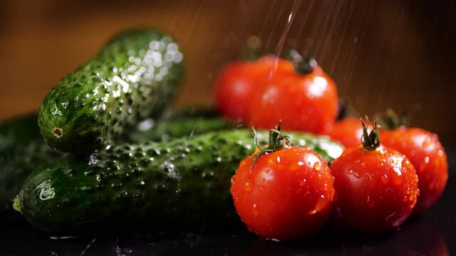 Tomatoes and Cucumber With Drops of Water, Beautiful Macro 4k , Raw organic vegetables, Chery tomato, Organic food, harvest in garden, Farming, Agriculture