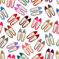 Seamless pattern of many colored woman's shoes over white background
