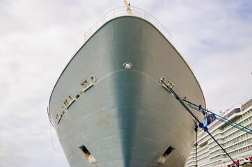 Huge and modern cruiseships or cruise ship liners line up in port of Nassau, Bahamas during...