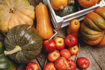 Pumpkins and red apples on wooden background