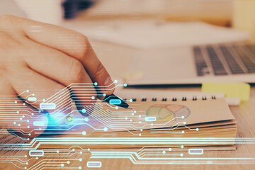 Writing human hands with data theme multi exposure icons.