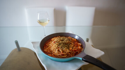 homemade pasta spaghetti with in the Pan. Spaghetti with Tomato Sauce.