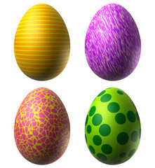 Set of four easter eggs in different colors, isolated on white background. 3D illustration.
