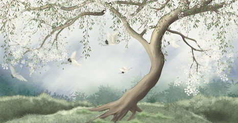 A tree in the fog with a crane flying. For interior printing. - obrazy, fototapety, plakaty