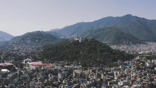 Aerial Point of View Flight on Monkey Stupa- Swayambu Temple Drone Shot in Kathmandu Valley, Nepal