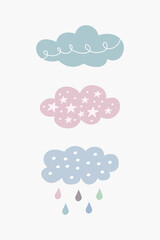Obraz premium Scandinavian boho set of clouds with stars, raindrops in pastel colors. Hand drawn vector elements for nursery decoration, baby shower, birthday, children's party, poster, invitation, card, clothes