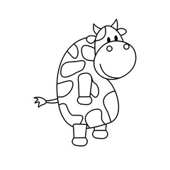 Coloring of Cow Stands While Smiling Cartoon, Cute Funny Character, Flat Design