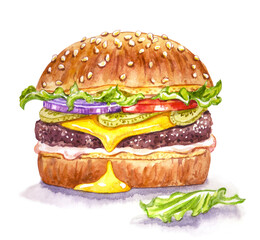 Two burgers, watercolor illustration on a white background, illustration for the menu, print for poster, textiles, decor for various products.