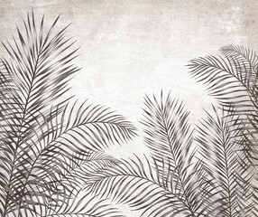 Tropical palm leaves. Monochrome leaves on the plastered wall. fresco, Wallpaper for interior printing
