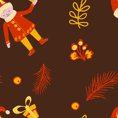 Obraz premium Seamless background from Christmas elements. Dark chocolate background. Vector. Doodle. Christmas gnome with a gift, spruce twigs, a berry. Suitable for festive wrapping paper, fabric and wallpaper.