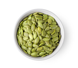 Pumpkin seeds in white bowl on a white background
