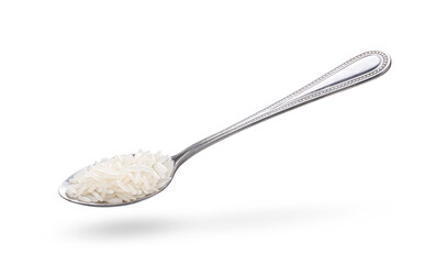 rice in spoon on white background