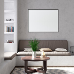 Mock up poster frame in interior background, living room. 3d render. 3D illustration.