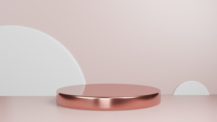3d rendered studio mock up background for product presentation,  with circle shapes, podium on the floor. minimal pink gold colors.