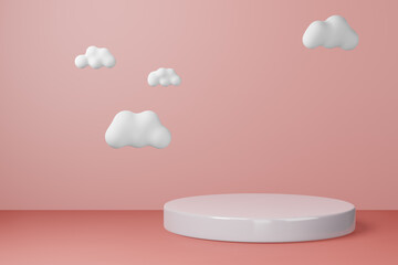 3d rendered studio mock up background for product presentation,  with circle shapes, podium on the floor with cloud. minimal pink colors.