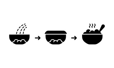 Preparation of porridge, oatmeal, puree from dry flakes. Silhouette icon for food packaging. Pour boiling water, let it brew, add ingredients for taste. Three steps instruction. Black outline vector