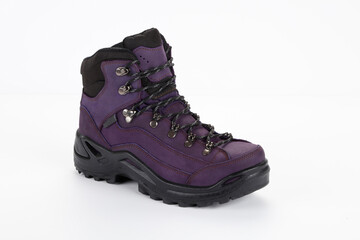 Purple hiking boots on white background