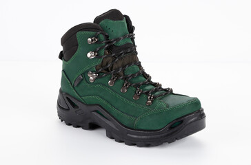 green hiking boots on white background