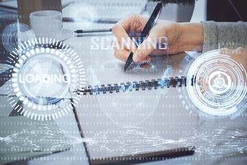 Double exposure of writing hand on background with data solution technology hologram. Ai concept.