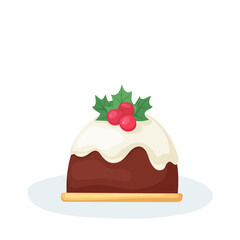 Kawaii stock vector illustration with cute Xmas Cake isolated on white background. Happy funny food. Happy New Year/Merry Christmas design print. Use for holidays menu, poster, t-shirt print, card.