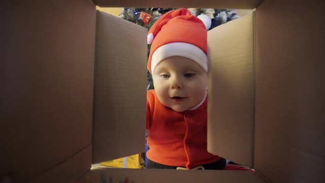 Child opens a Christmas present near a decorated Christmas tree. Smiling baby climbs into the box for his gift. Toddler in santa claus costume reaches into the box for his gift.