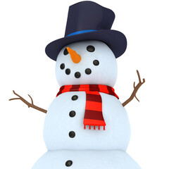3d illustrated snowman with black hat and red striped scarf on white background.