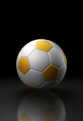 White and yellow soccer ball on reflective dark background. 3D illustration.