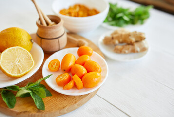 Trendy virus protection food, coronavirus, immunity concept.