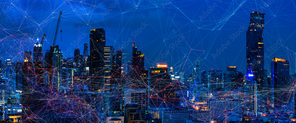 Poster modern city with wireless network connection and city scape concept.wireless network and connection 