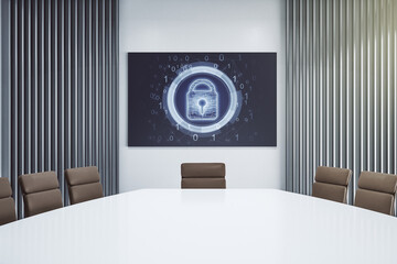 Creative lock hologram and chip on presentation tv screen in a modern meeting room. Information security concept. 3D Rendering