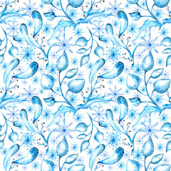 Watercolor seamless winter pattern with  blue foliage on white background