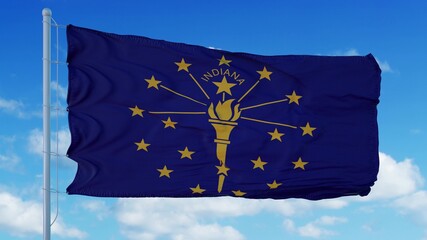 Indiana flag on a flagpole waving in the wind, blue sky background. 3d rendering
