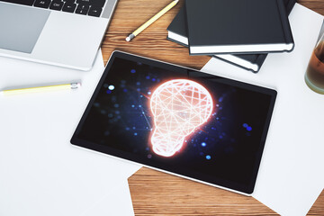 Creative light bulb illustration on modern digital tablet display, future technology concept. Top view. 3D Rendering