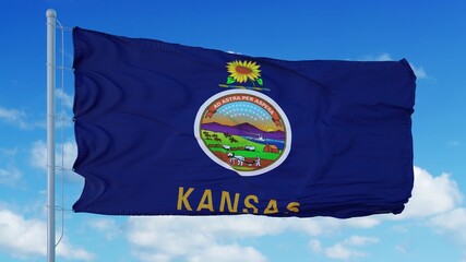Kansas flag on a flagpole waving in the wind, blue sky background. 3d rendering