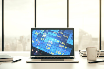 Modern computer monitor with abstract statistics data hologram interface, computing and analytics concept. 3D Rendering